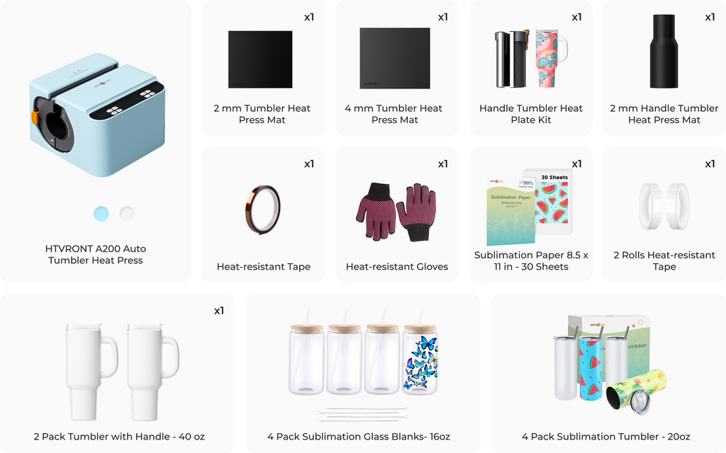 Collection of heat press and related items on a white background