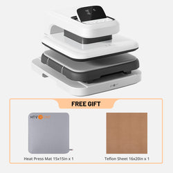 Stack of white auto heat press 2 with a free gift offer on a white background