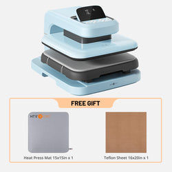 Stack of heat press machines with a free gift offer on a light gray background