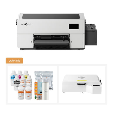 D2 DTF printer with CMYK Ink, cleaning kit, and A3 oven on a white background