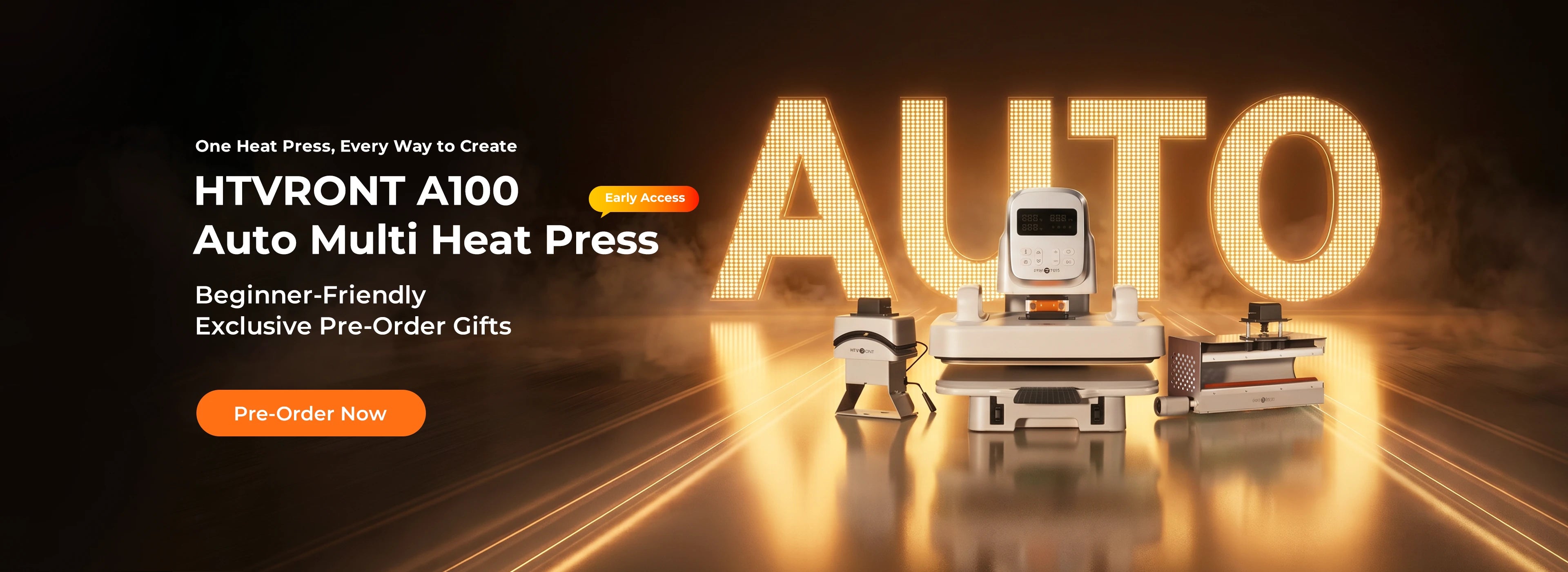 Promotional banner for HTVRONT A100 Auto Multi Heat Press with glowing text and product image.