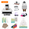 Collage of A100 Multi Heat press machine, supplies, and printed items on a white background.
