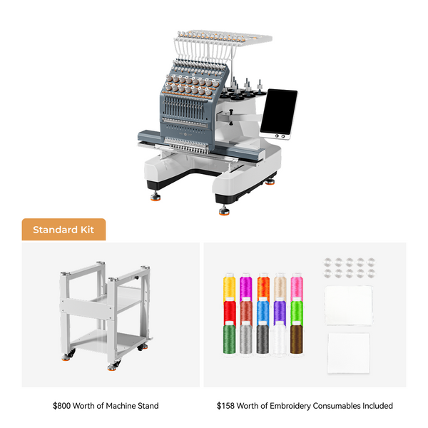 An 8-head embroidery machine shown on a white background with a tablet mounted beside it, plus included accessories below: a silver metal stand and several embroidery floss spools and practice patches. Text reads 'Standard Kit' and lists machine stand and embroidery consumables value.