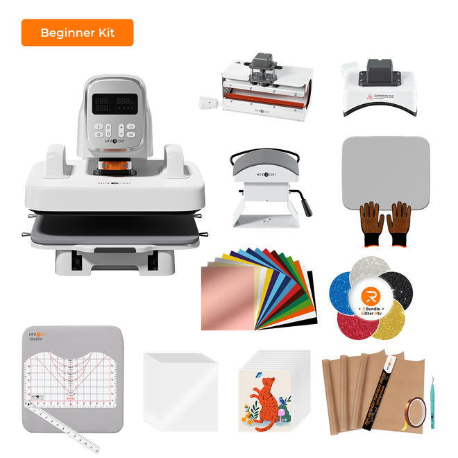 Collage of a A100 Multi heat press machine and related supplies labeled 'Beginner Kit' on a white background.