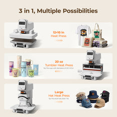 A100 3-in-1 auto multi heat press machine for shirts, tumblers, and hats on a beige background