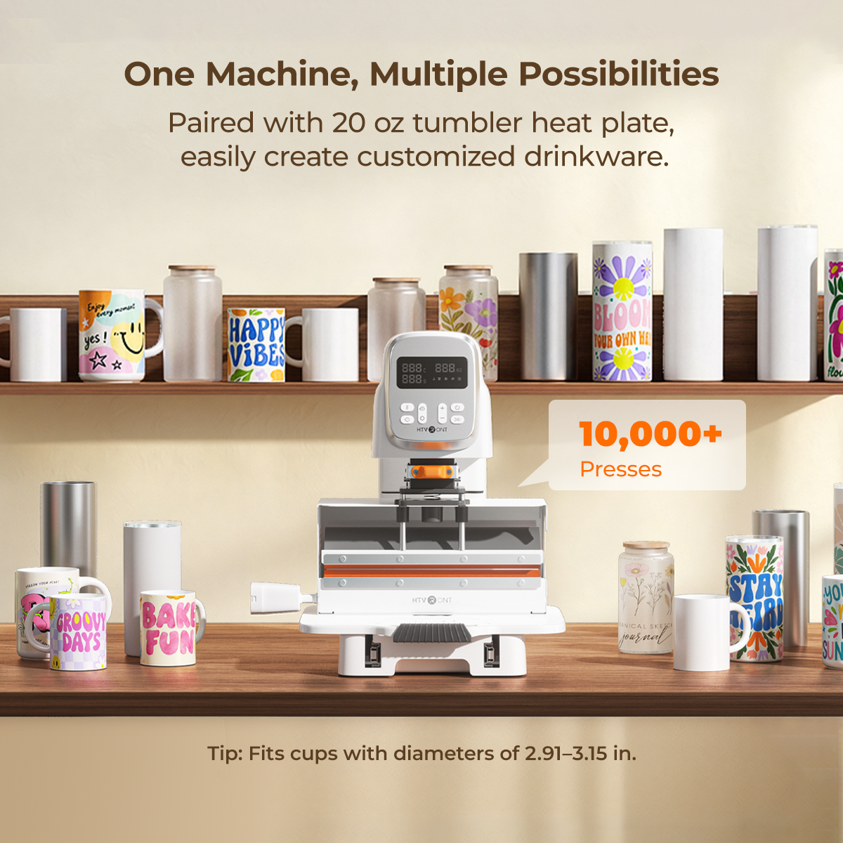Multi-heat press machine (tumbler module) with colorful mugs and tumblers on a wooden shelf.