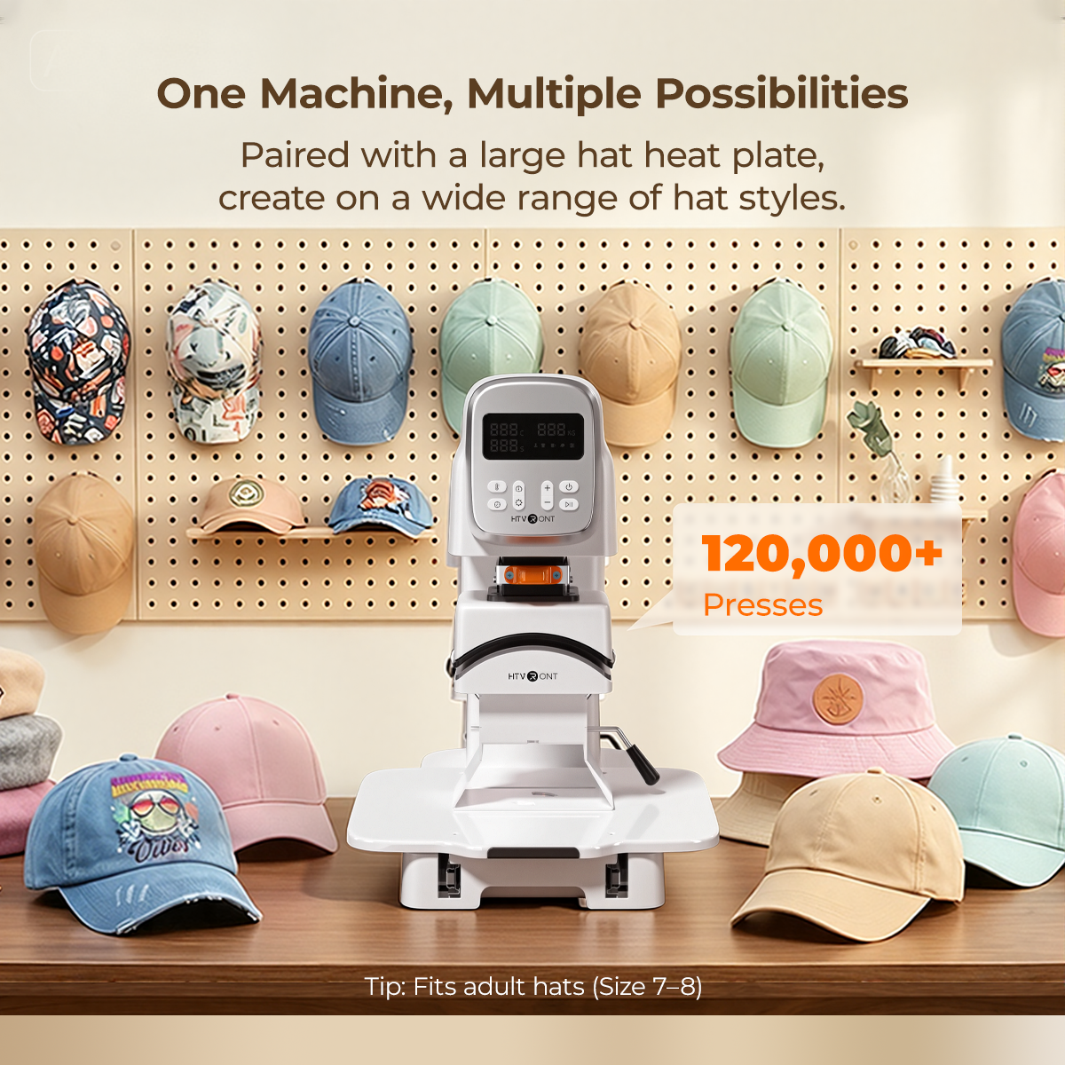 A100 Multi Heat press machine ( Mug module) with various hats on a pegboard background