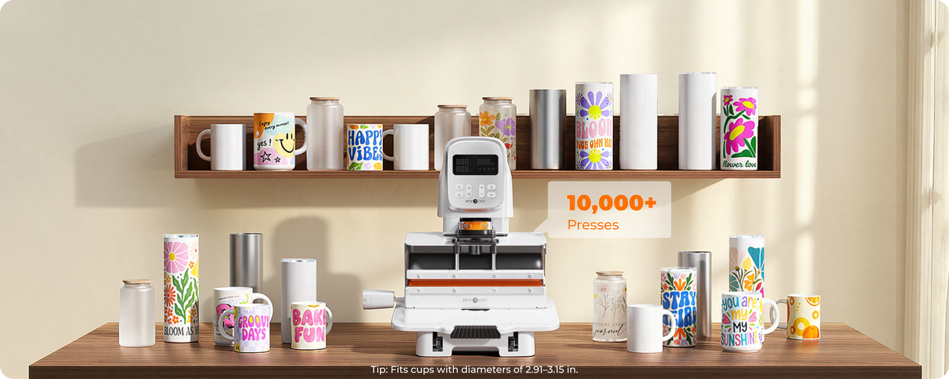 A100 multi heat press (Tumbler heat plate) machine on a wooden shelf with various  DIY mugs.