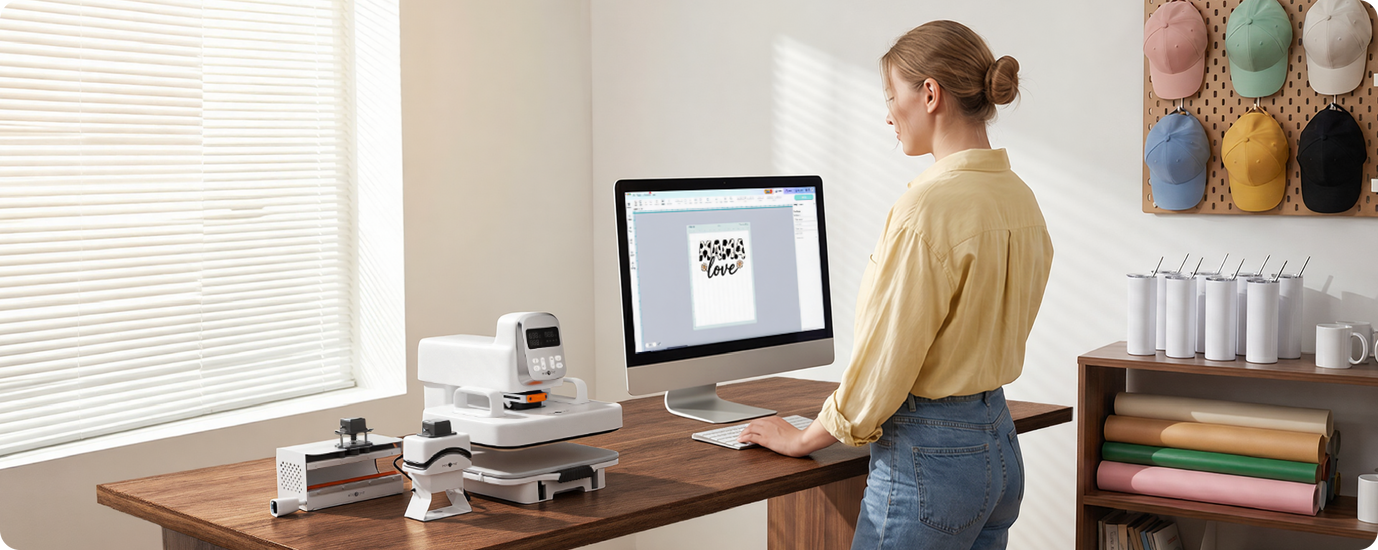 Person using a computer with a100 multi heat press on a desk in a home office setting.