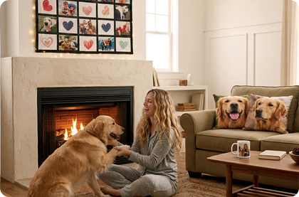 Woman sitting on the floor with a dog in front of a fireplace, surrounded by home decor.