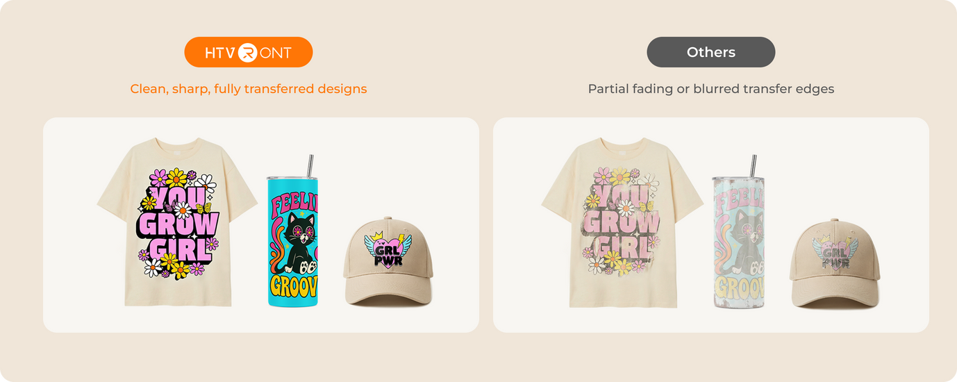 Collection of t-shirts, hats, and tumblers with various designs on a beige background.