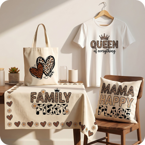 White t-shirt, tote bag, tablecloth, and pillow with decorative text and patterns on a wooden table.
