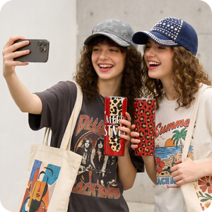 Two people taking a selfie with patterned phone cases and colorful bags.