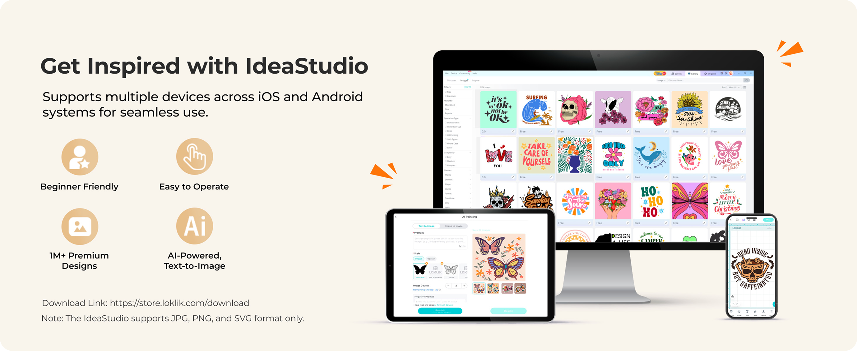 Promotional graphic for IdeaStudio with text and images of a computer, tablet, and phone displaying app interface.