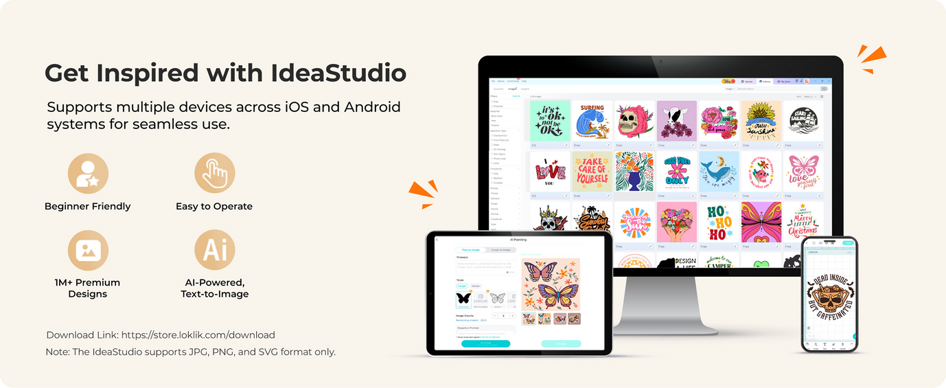 Promotional graphic for IdeaStudio with text and images of a computer, tablet, and phone displaying app interface.