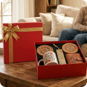 Gift set with mug, coasters, and book in a red box on a wooden table.
