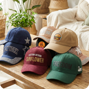 Four baseball caps with different designs and text on a wooden surface.