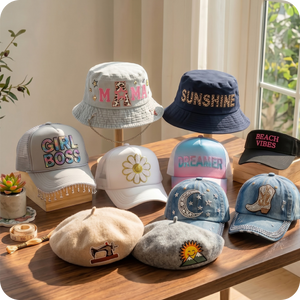 Collection of decorative hats with various designs and text on a wooden surface.