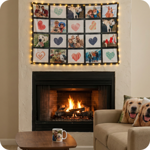 Fireplace with a photo collage hanging above it, surrounded by cozy decor.