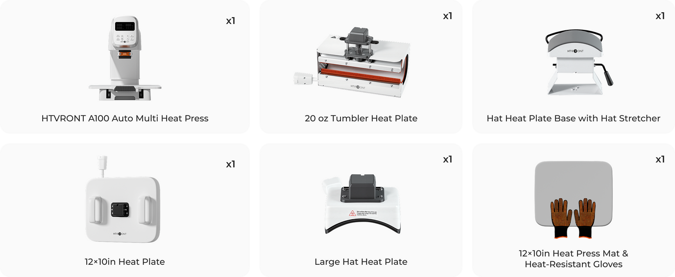 Set of heat press tools with labels on a white background