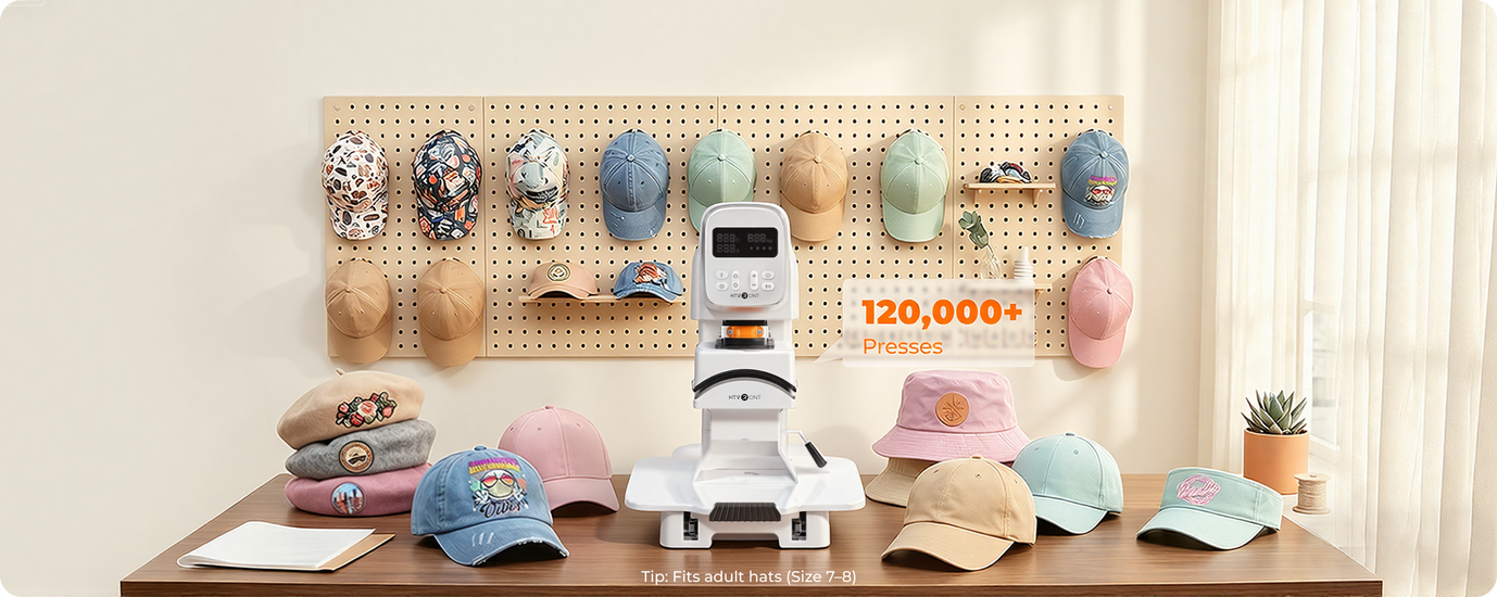 Pegboard with various hats on a table, featuring a A100 multi heat press (Hat heat plate)