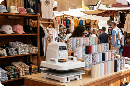 T-shirt printing machine on a table with a display of t-shirts and caps in the background