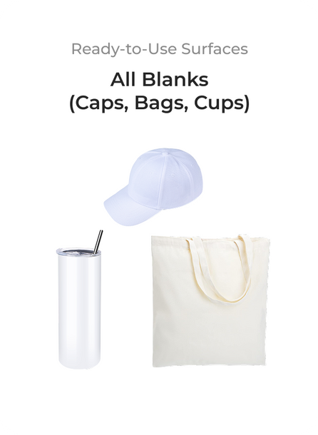 White cap, clear tumbler with straw, and white tote bag on a white background with text 'Ready-to-Use Surfaces All Blanks (Caps, Bags, Cups)'.