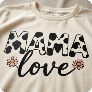 Beige t-shirt with 'MAMA love' text and floral designs on a beige background