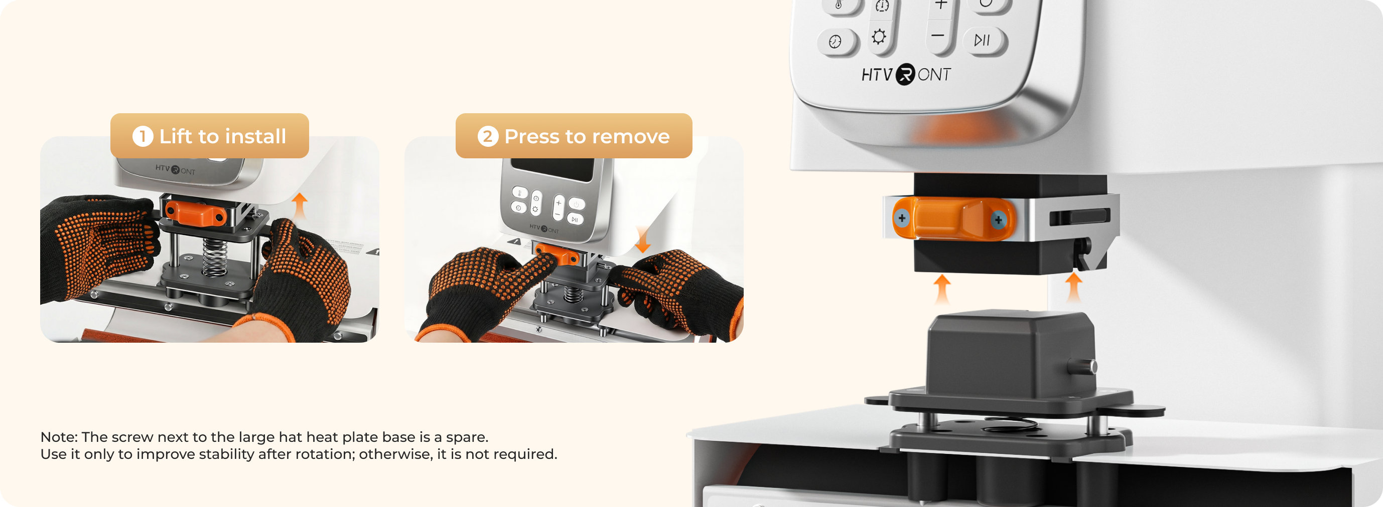 Heat plate base with installation instructions and features on a white background