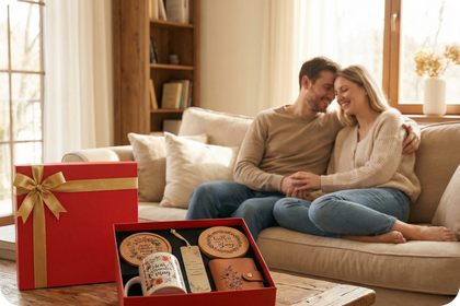 Couple sitting on a couch with a gift box and items on a coffee table.