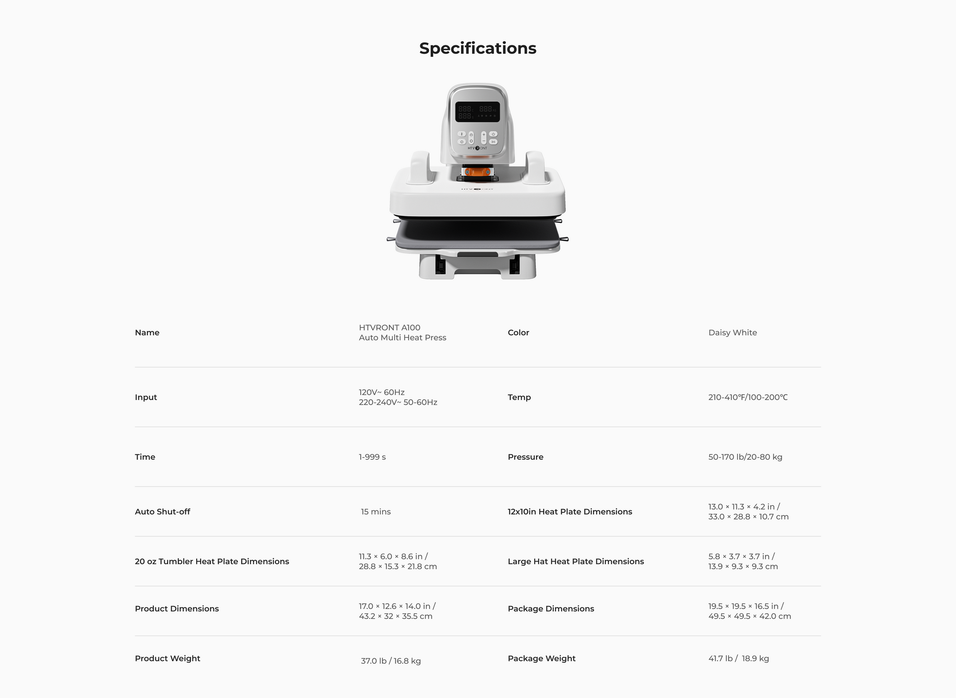 Product specifications with a white background