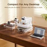 Compact office equipment on a desk with text about its size and features