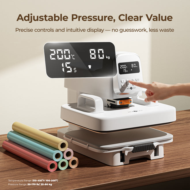 Digital pressure cooker with temperature and weight display on a wooden surface, surrounded by colorful silicone sleeves.