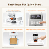 Step-by-step guide for using a multi heat press machine with text instructions.