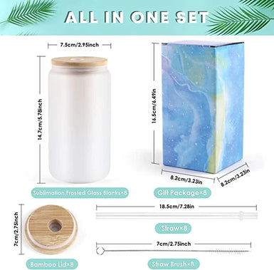 Sublimation  Clear/Frosted Glass Blanks with Bamboo Lid - 16oz 8 Pack