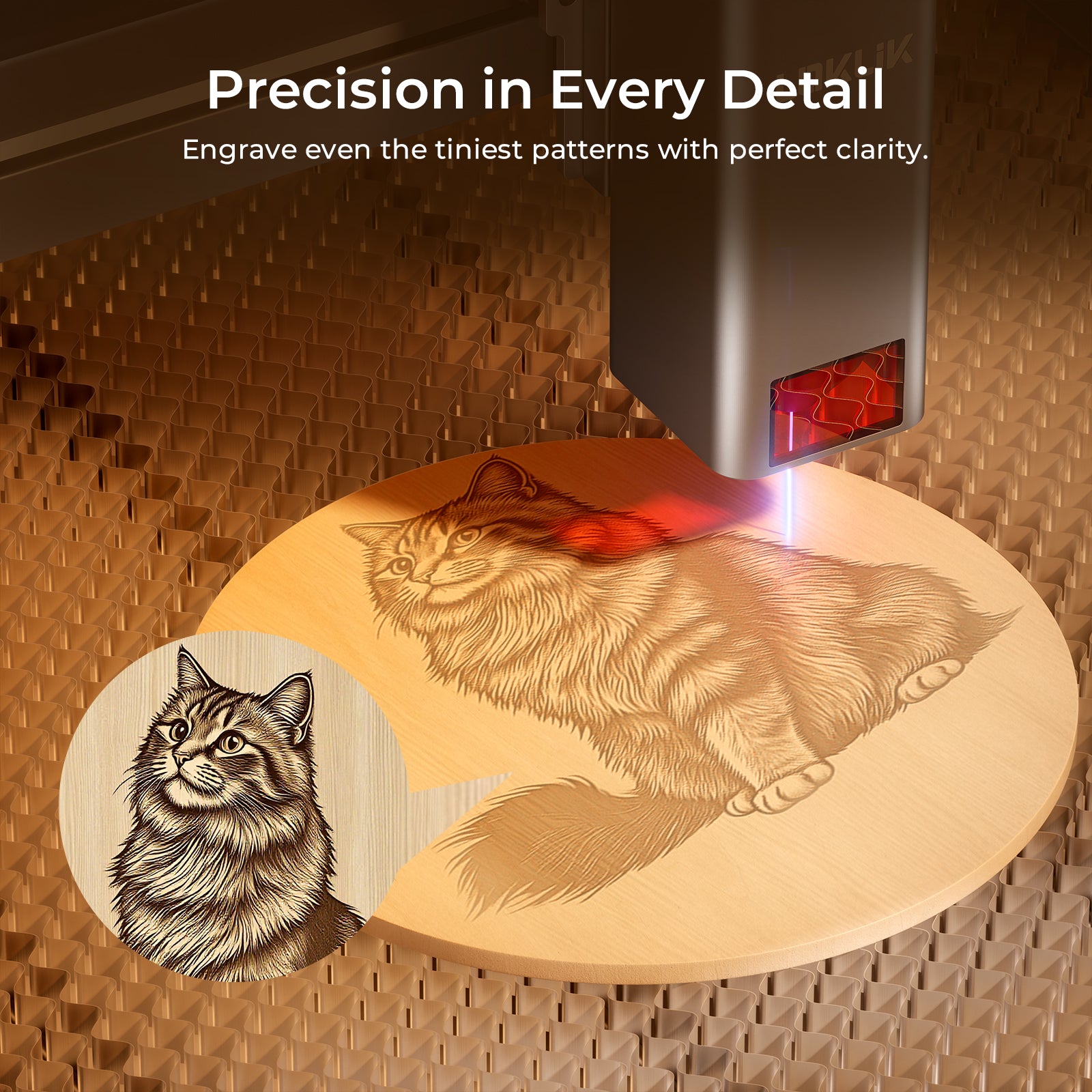 Laser engraving machine engraving a cat design on wood with text 'Precision in Every Detail'.