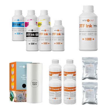 Collection of HTVRONT DTF ink bottles, a roll of film, and cleaning kits on a white background