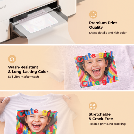Printer with a photo on a shirt, highlighting premium print quality, wash-resistant color, and stretchable design.