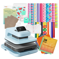 Blue Heat press machine with sublimation paper, vinyl, and other supplies on a white background