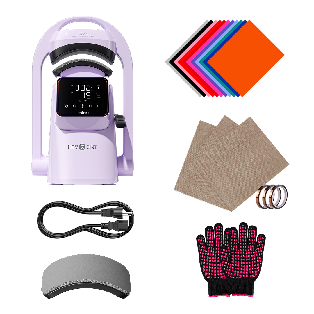 HTVRONT hat heat press machine with accessories including cloths, gloves, and rings on a white background