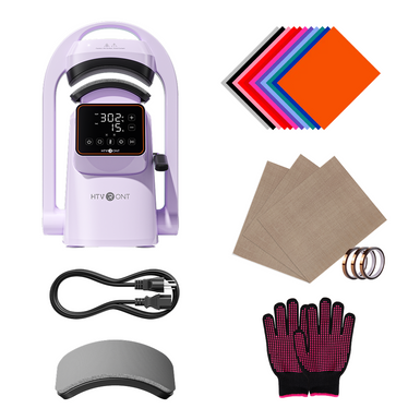 HTVRONT hat heat press machine with accessories including cloths, gloves, and rings on a white background