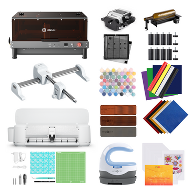 Collage of various crafting and printing equipment on a white background