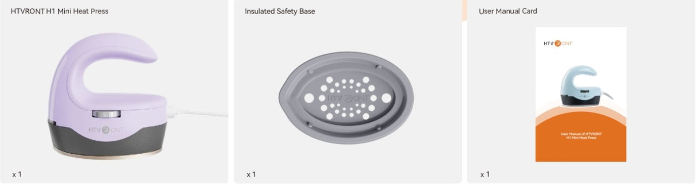Three items: a purple and gray device, an insulated safety bowl, and a user manual card on a white background.