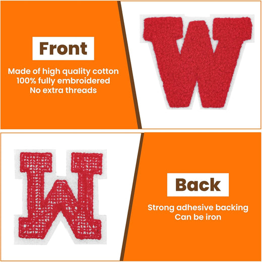 Image shows front and back views of a red chenille letter 'W' patch with a white border. The 'Front' view highlights 'Made of high quality cotton', '100% fully embroidered', and 'No extra threads'. The 'Back' view mentions 'Strong adhesive backing' and 'Can be iron'.