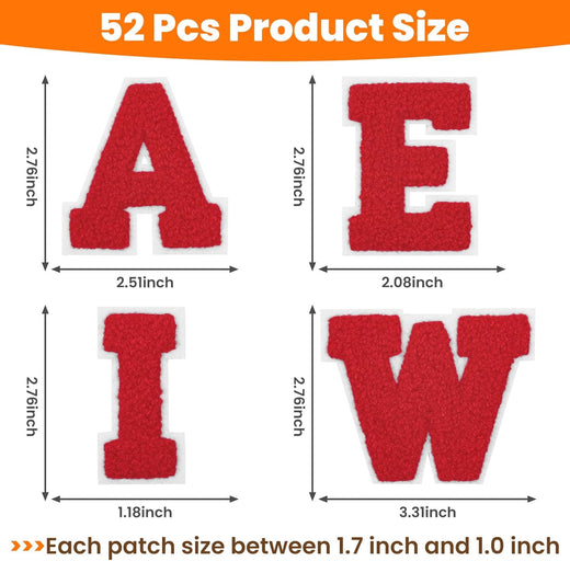 Image displays product size information for red chenille letter patches A, E, I, and W with white borders. Dimensions for each letter are shown, with text indicating 'Each patch size between 1.7 inch and 1.0 inch' and '52 Pcs Product Size'.