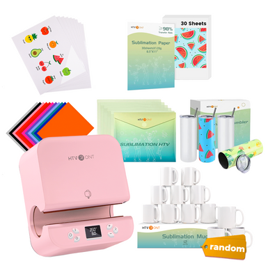 Pink HTVont tumbler heat press with sublimation paper, Heat transfer vinyl, sublimation sheet, and mugs on a white background