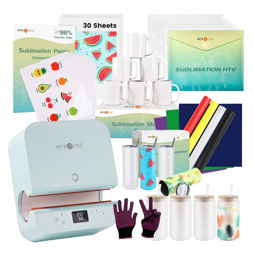 Bundled sales of sublimation products, including a tumbler heat press, sublimation paper, a blank mug, and other items
