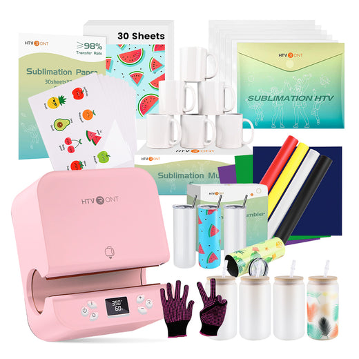 Bundled sales of sublimation products, including a Pink tumbler heat press, sublimation paper, a blank mug, and other items