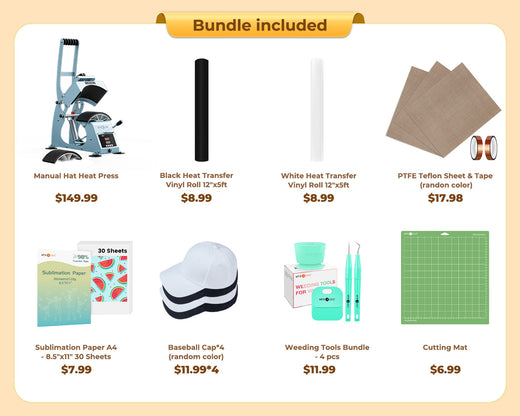 HTVRONT Manual Hat Heat Press Machine 110V, Essential Bundle - White