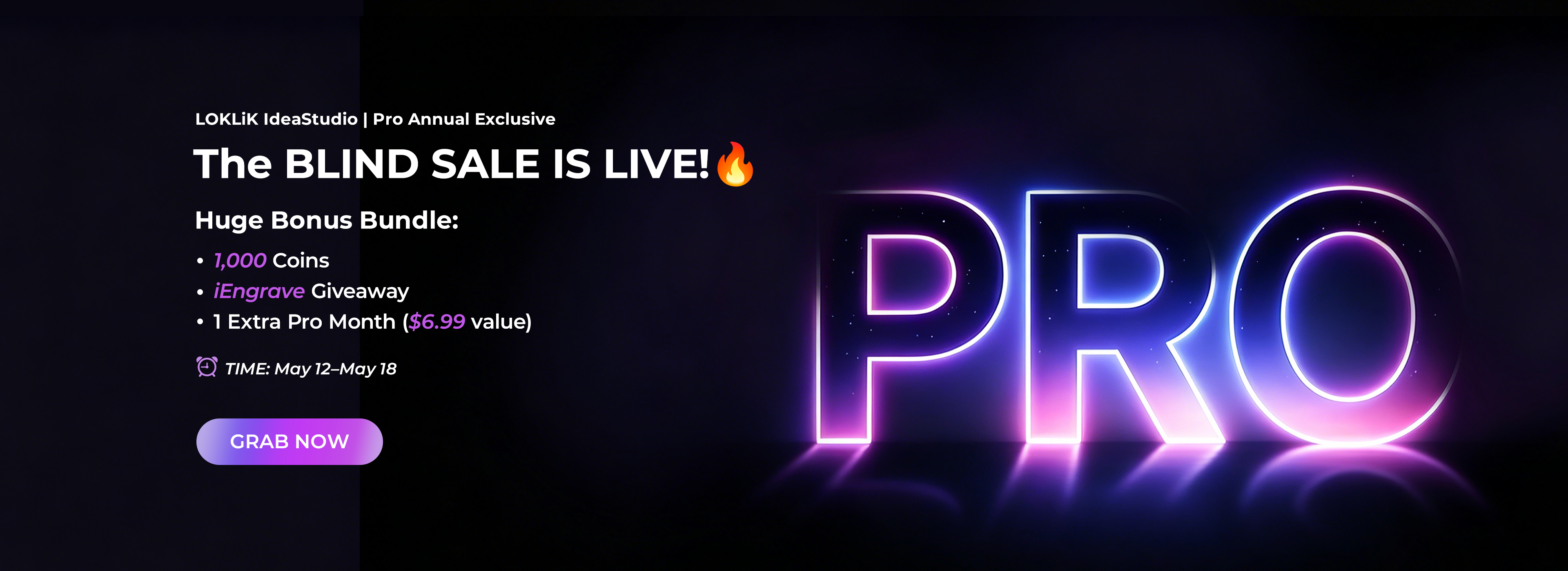 Promotional banner for a 'Blind Sale' with neon 'PRO' text on a dark background.